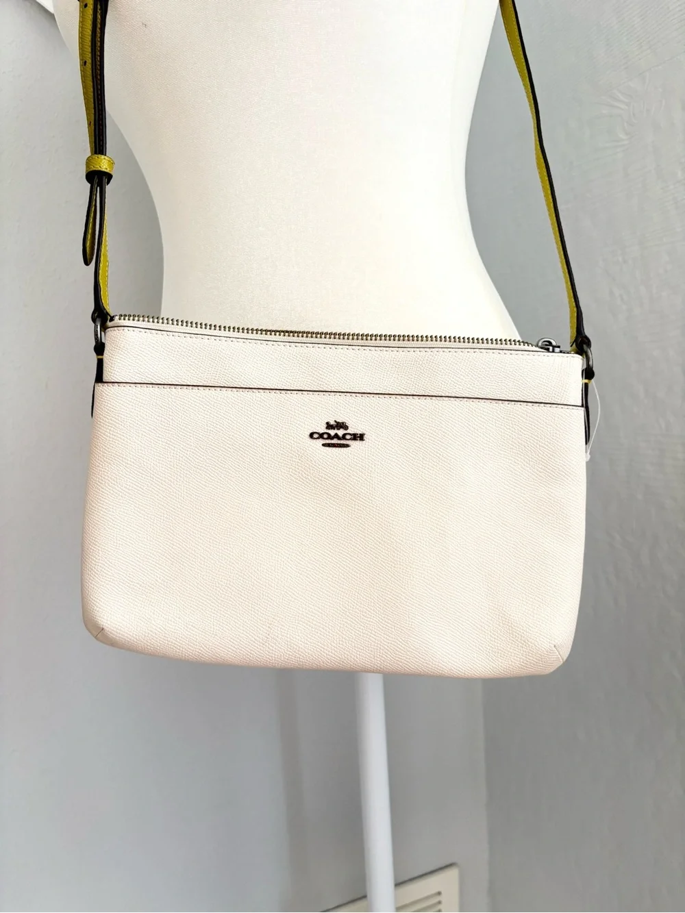 Coach Chalk Pebbled Leather Crossbody with Yellow-Trim Strap